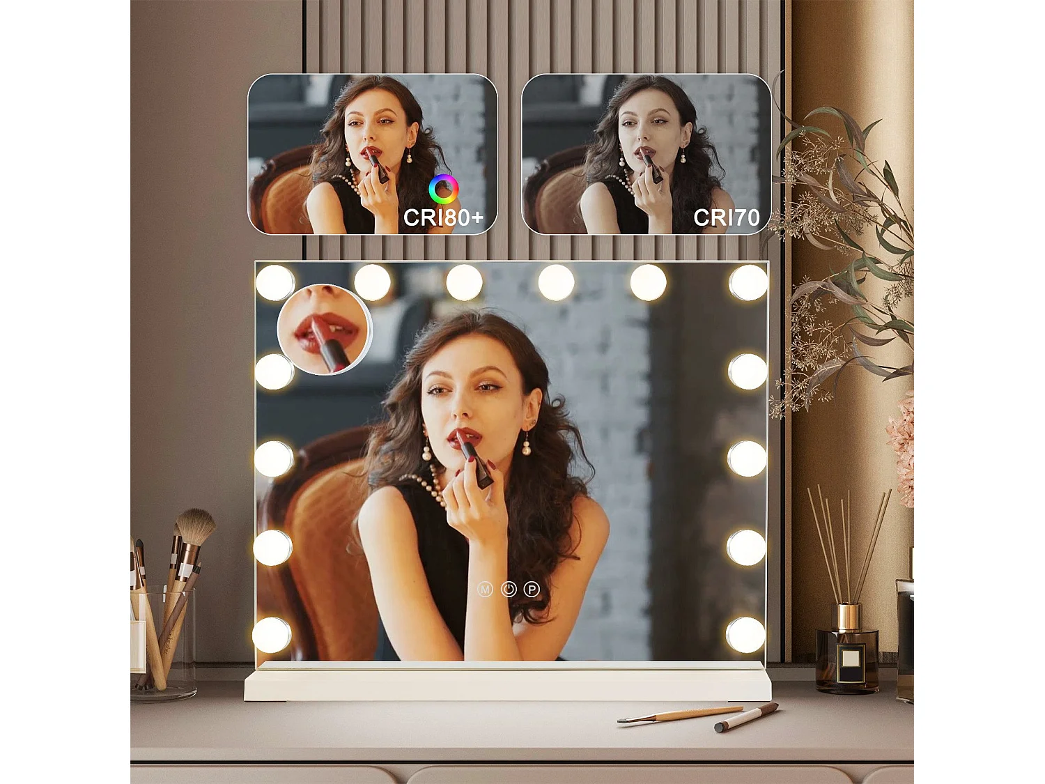 NETTLIFE Espejo de maquillaje con iluminación Espejo de 15 LED con intensidad variable con 3 modos de iluminación de color, control táctil y lente desmontable