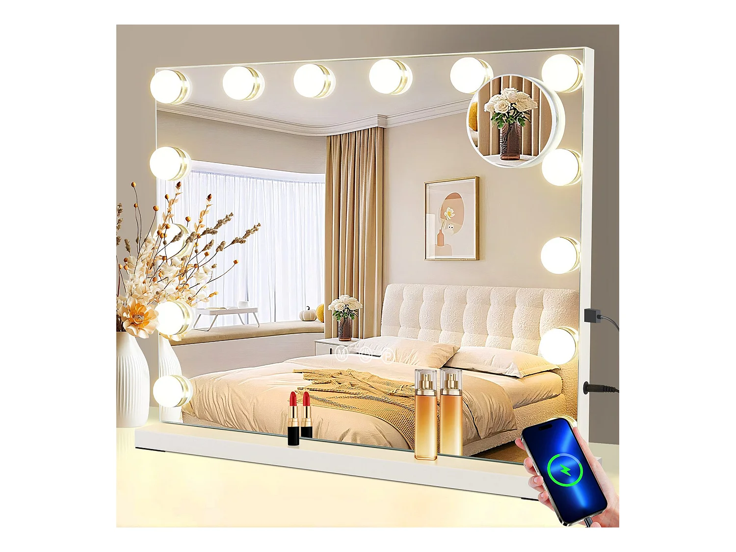 NETTLIFE Miroir de maquillage avec éclairage Miroir 15 LED à intensité variable avec 3 modes d'éclairage commande tactile et loupe amovible
