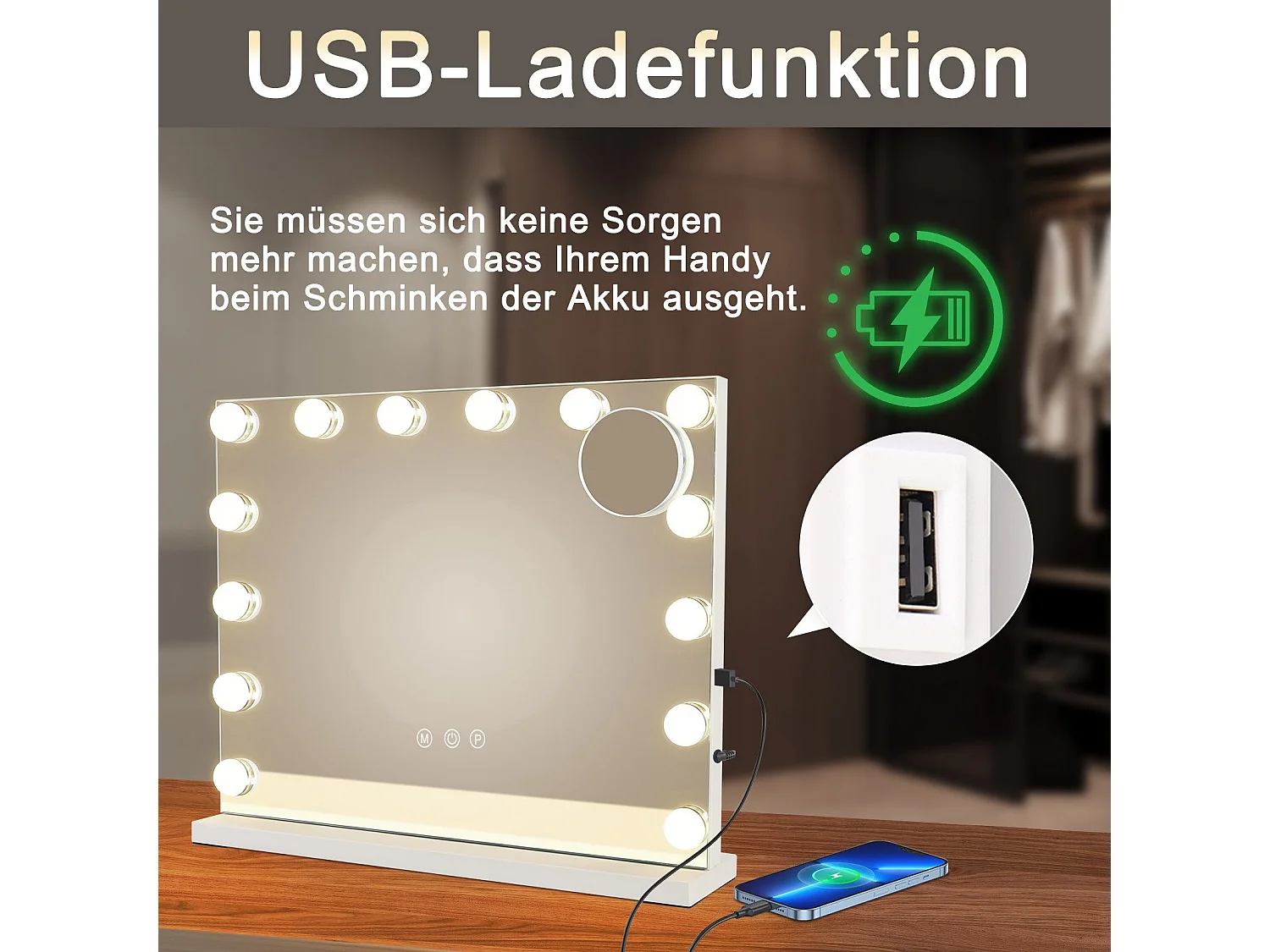 NETTLIFE Miroir de maquillage avec éclairage Miroir 15 LED à intensité variable avec 3 modes d'éclairage commande tactile et loupe amovible