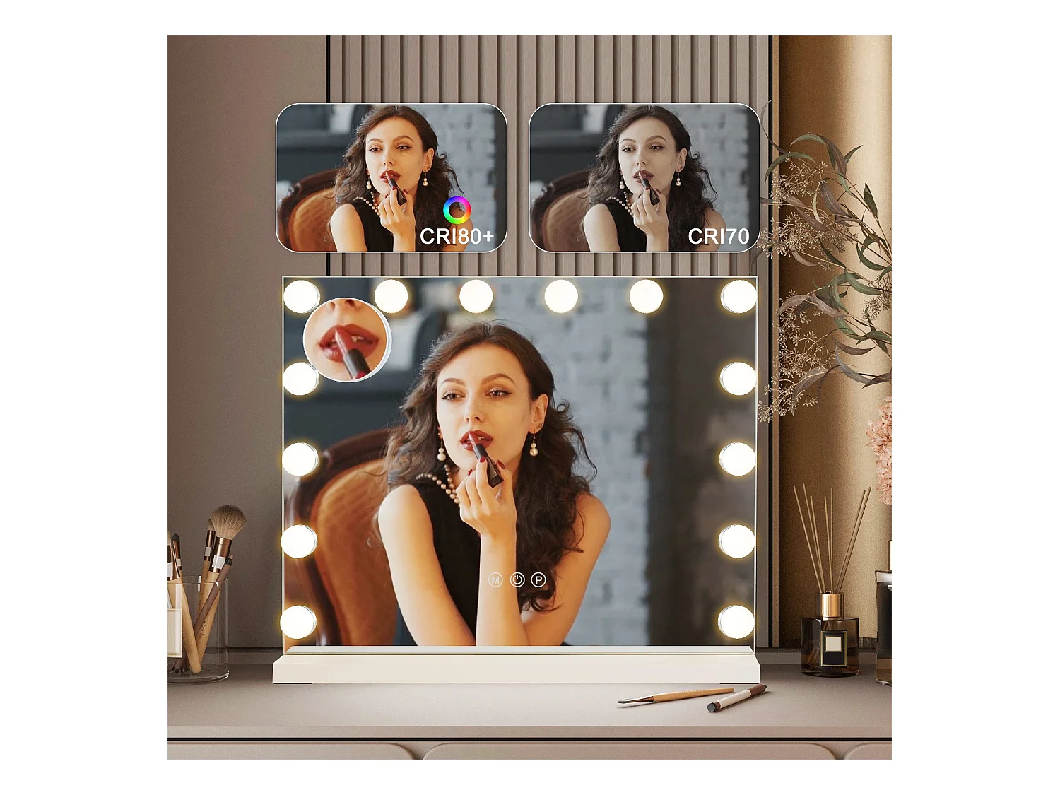 NETTLIFE Miroir de maquillage avec éclairage Miroir 15 LED à intensité variable avec 3 modes d'éclairage commande tactile et loupe amovible