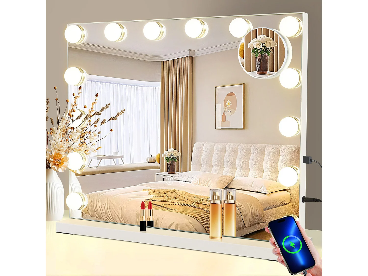 NETTLIFE Lusterko do malowania z oświetleniem Lusterko 15 LED z z zmienną intensywnością z 3 trybami oświetlenia barwnym, Kontrola dotykowa i przesuwna lupa