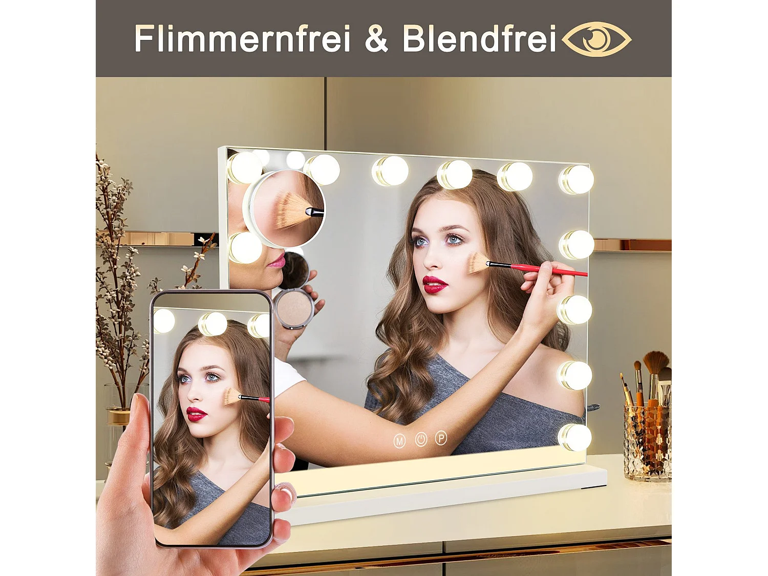 NETTLIFE Lusterko do malowania z oświetleniem Lusterko 15 LED z z zmienną intensywnością z 3 trybami oświetlenia barwnym, Kontrola dotykowa i przesuwna lupa