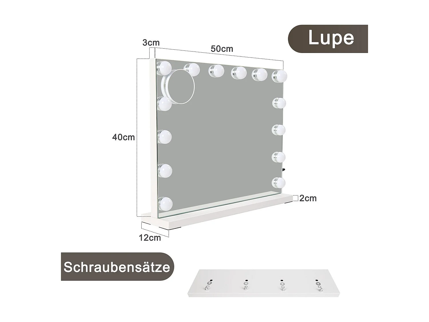 NETTLIFE Lusterko do malowania z oświetleniem Lusterko 15 LED z z zmienną intensywnością z 3 trybami oświetlenia barwnym, Kontrola dotykowa i przesuwna lupa