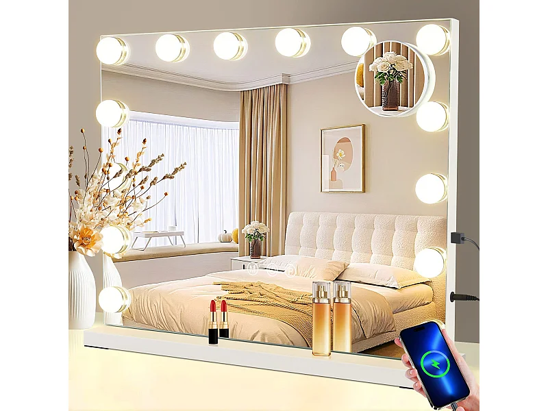 NETTLIFE Schminkgegenstand mit Beleuchtung Spiegel mit 15 LED und variabler Intensität mit 3 Farbbeleuchtungsmodi, Touch-Steuerung und abnehmbare Lupe