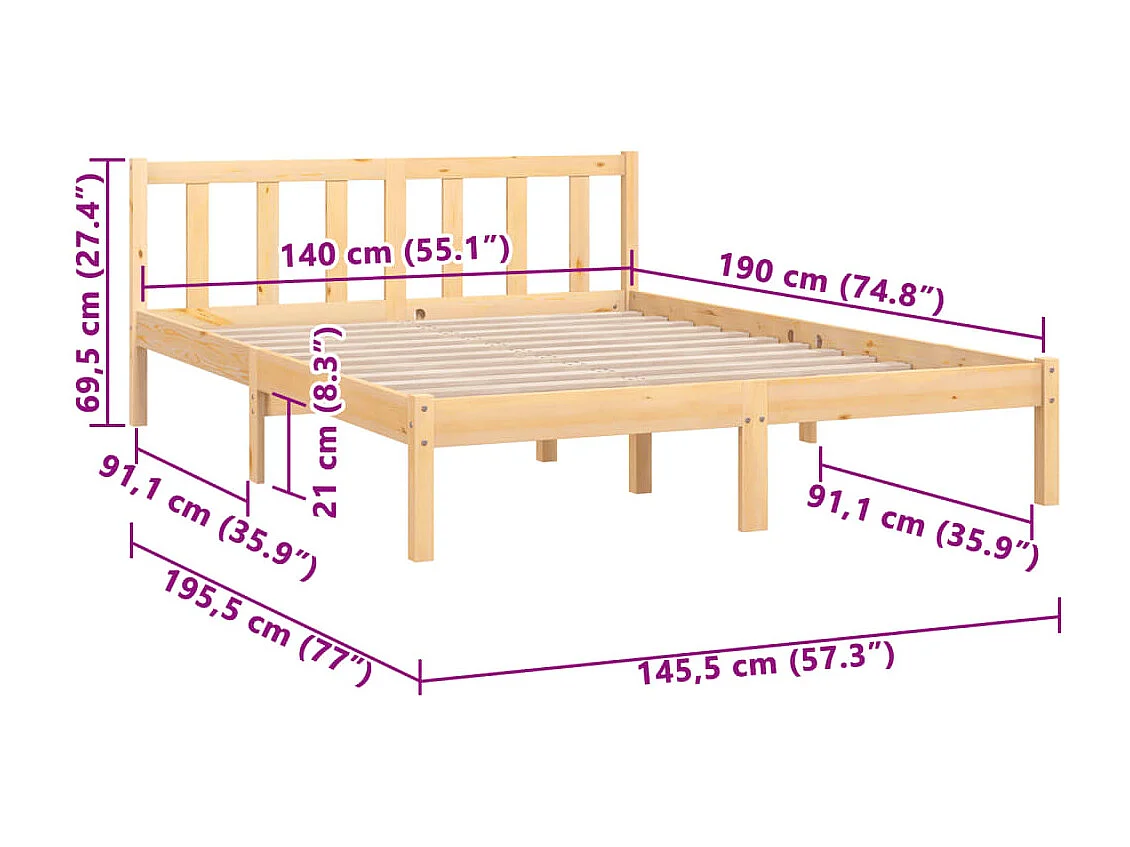 Cadre de lit sans matelas bois massif 140x190 cm