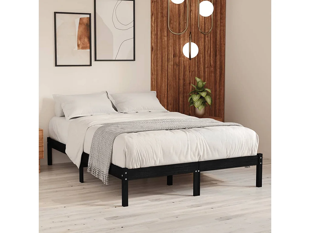 Cadre de lit sans matelas noir bois massif 140x190 cm