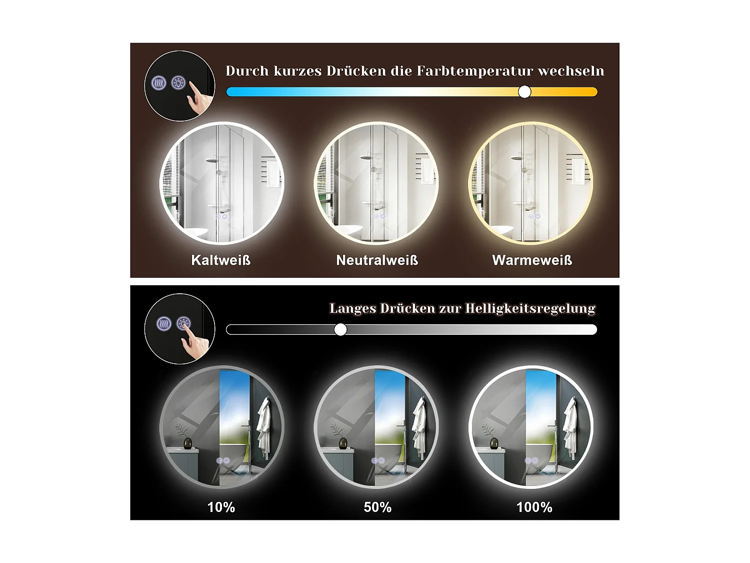 NETTLIFE Lusterko z oświetleniem Lusterko LED na ścianę IP44 kołowe 60cm z funkcją lusterka dotykowego z oświetleniem kołowym z regulacją jasności