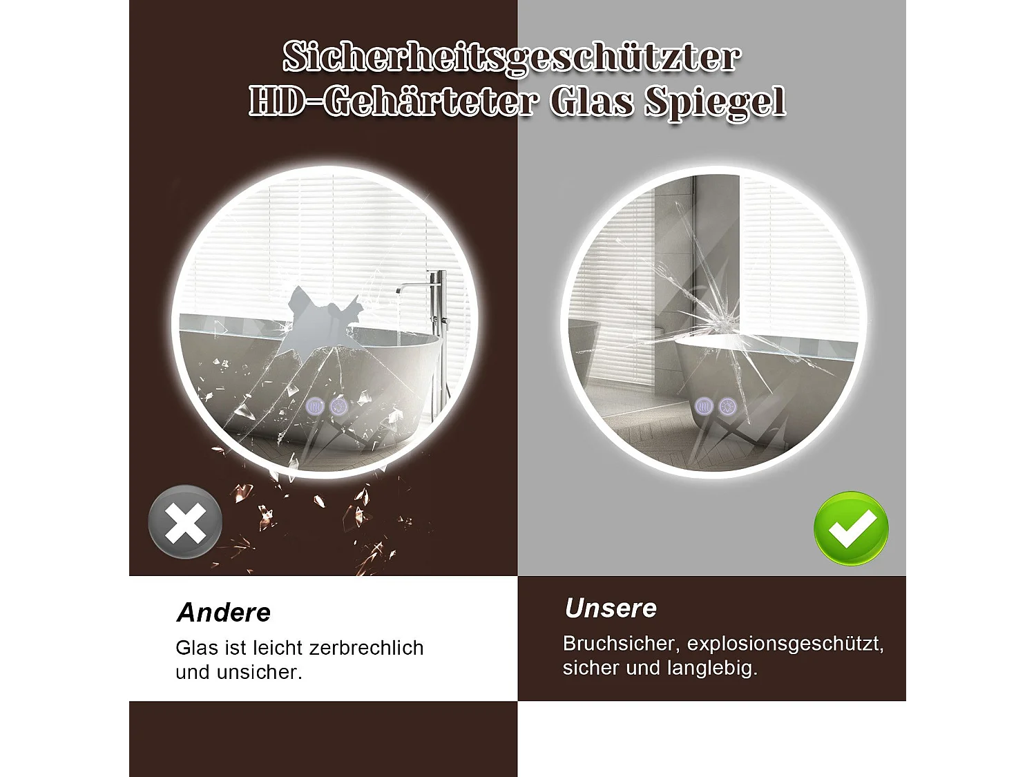 NETTLIFE Lusterko z oświetleniem Lusterko LED na ścianę IP44 kołowe 60cm z funkcją lusterka dotykowego z oświetleniem kołowym z regulacją jasności