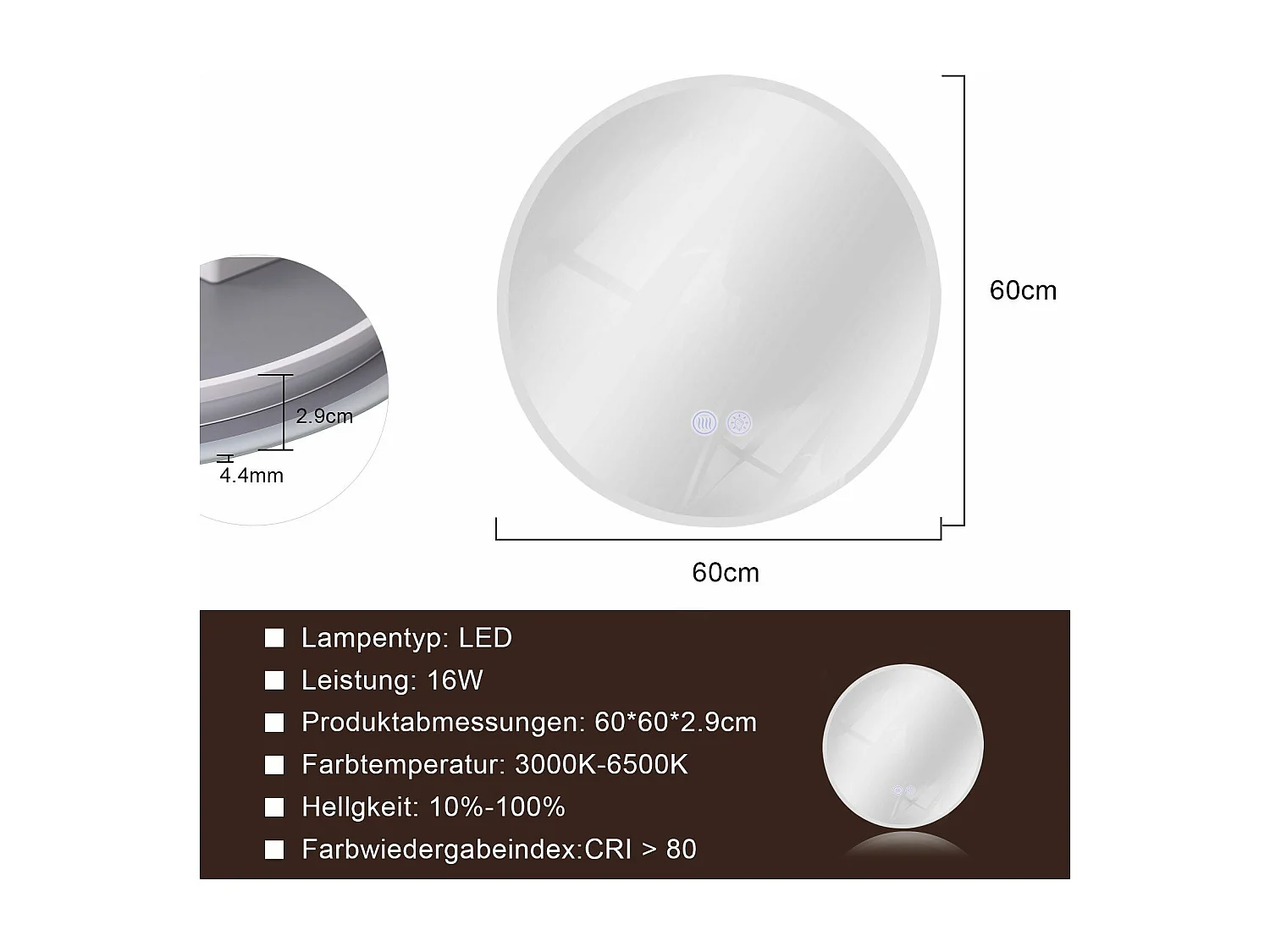 NETTLIFE Lusterko z oświetleniem Lusterko LED na ścianę IP44 kołowe 60cm z funkcją lusterka dotykowego z oświetleniem kołowym z regulacją jasności