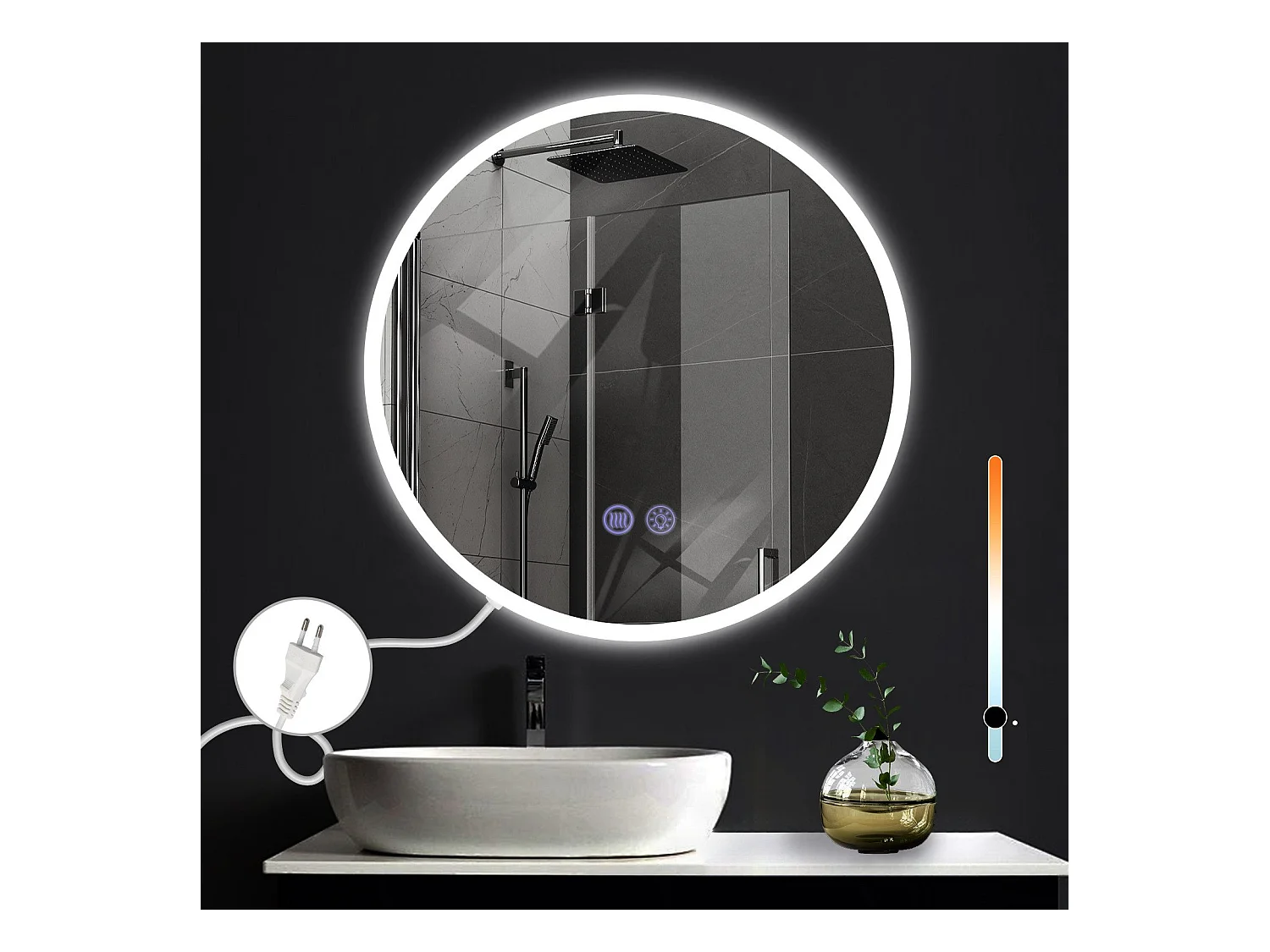 NETTLIFE Miroir avec éclairage Miroir mural LED IP44 rond 60cm avec fonction miroir tactile éclairé rond avec lumière dimmable