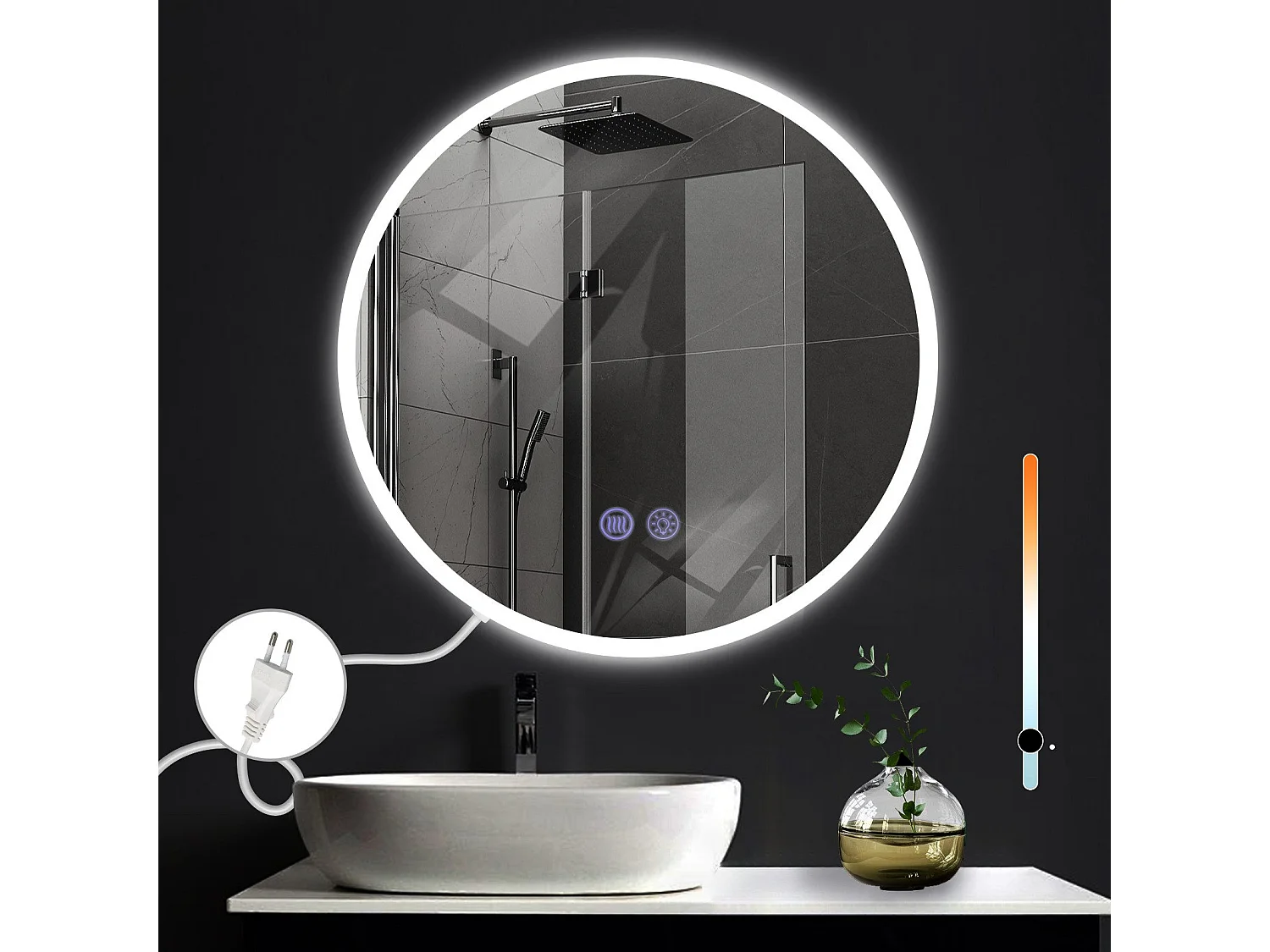 NETTLIFE Miroir avec éclairage Miroir mural LED IP44 rond 60cm avec fonction miroir tactile éclairé rond avec lumière dimmable