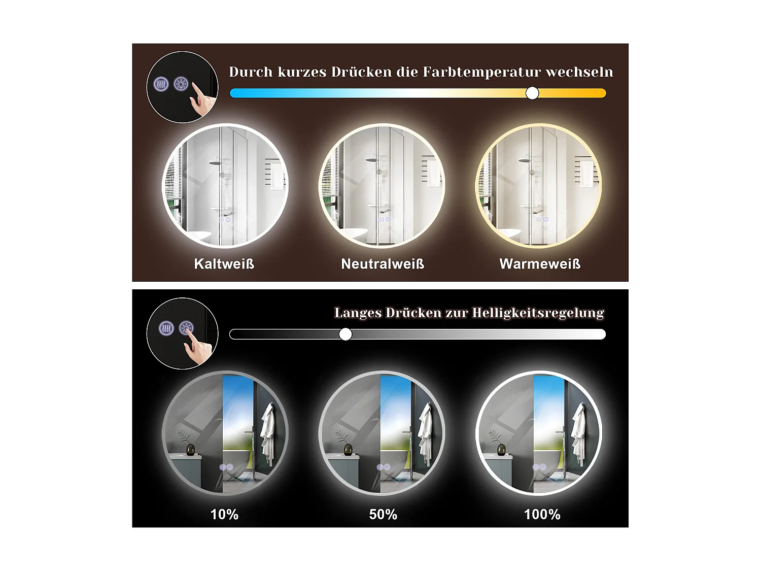 NETTLIFE Miroir avec éclairage Miroir mural LED IP44 rond 60cm avec fonction miroir tactile éclairé rond avec lumière dimmable