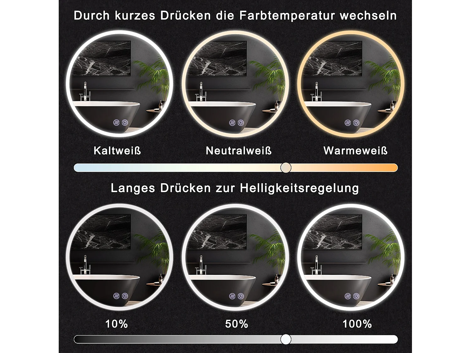 NETTLIFE Lusterko z oświetleniem kołowym Lusterko LED na ścianę IP44 kołowe 70cm z funkcją lusterka dotykowego z oświetleniem kołowym z regulacją jasności