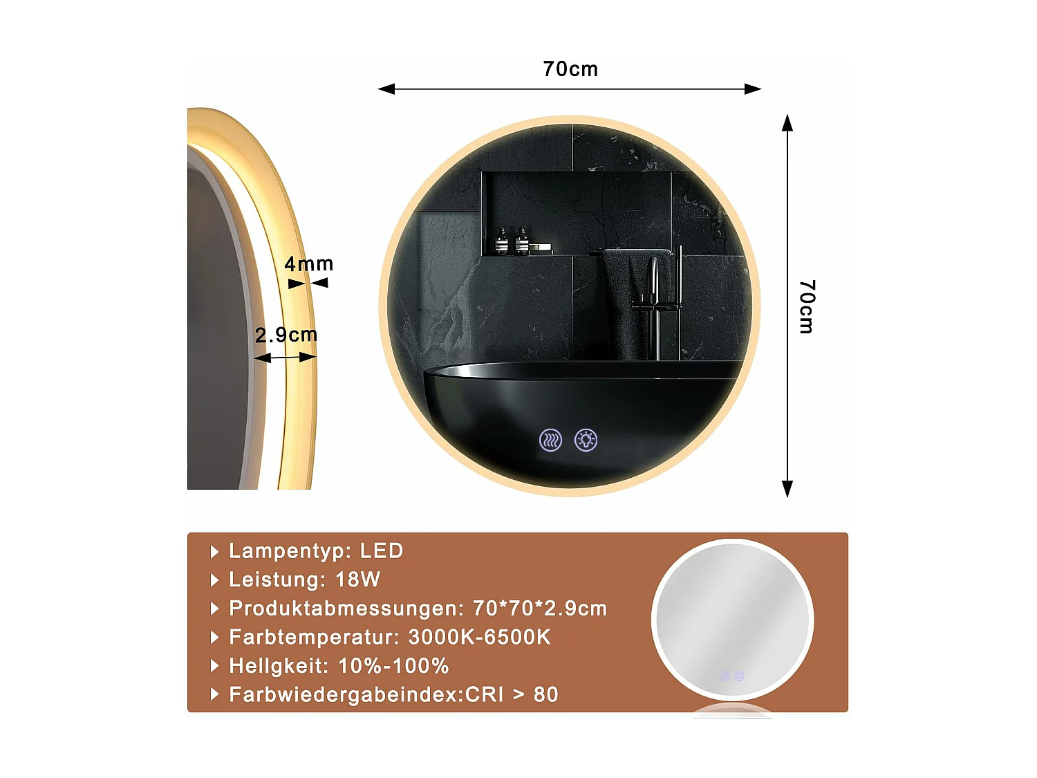 NETTLIFE Lusterko z oświetleniem kołowym Lusterko LED na ścianę IP44 kołowe 70cm z funkcją lusterka dotykowego z oświetleniem kołowym z regulacją jasności