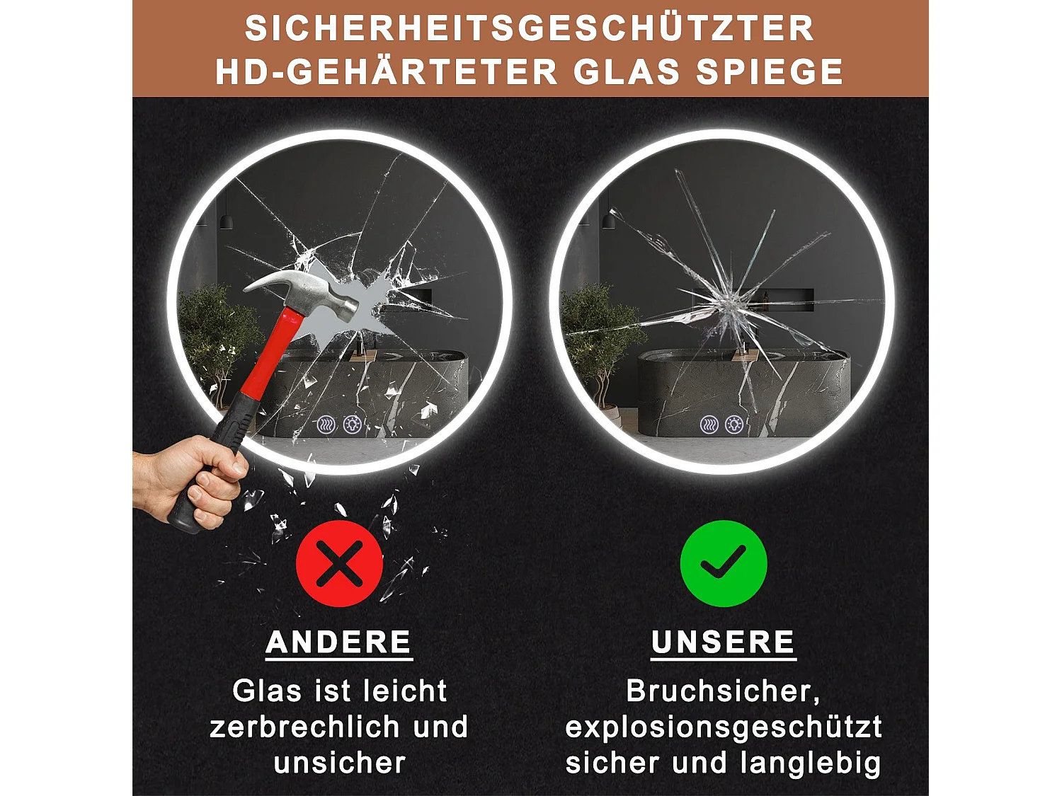 NETTLIFE Miroir avec éclairage rond Miroir mural LED IP44 rond 70cm avec fonction miroir tactile éclairé avec lumière dimmable