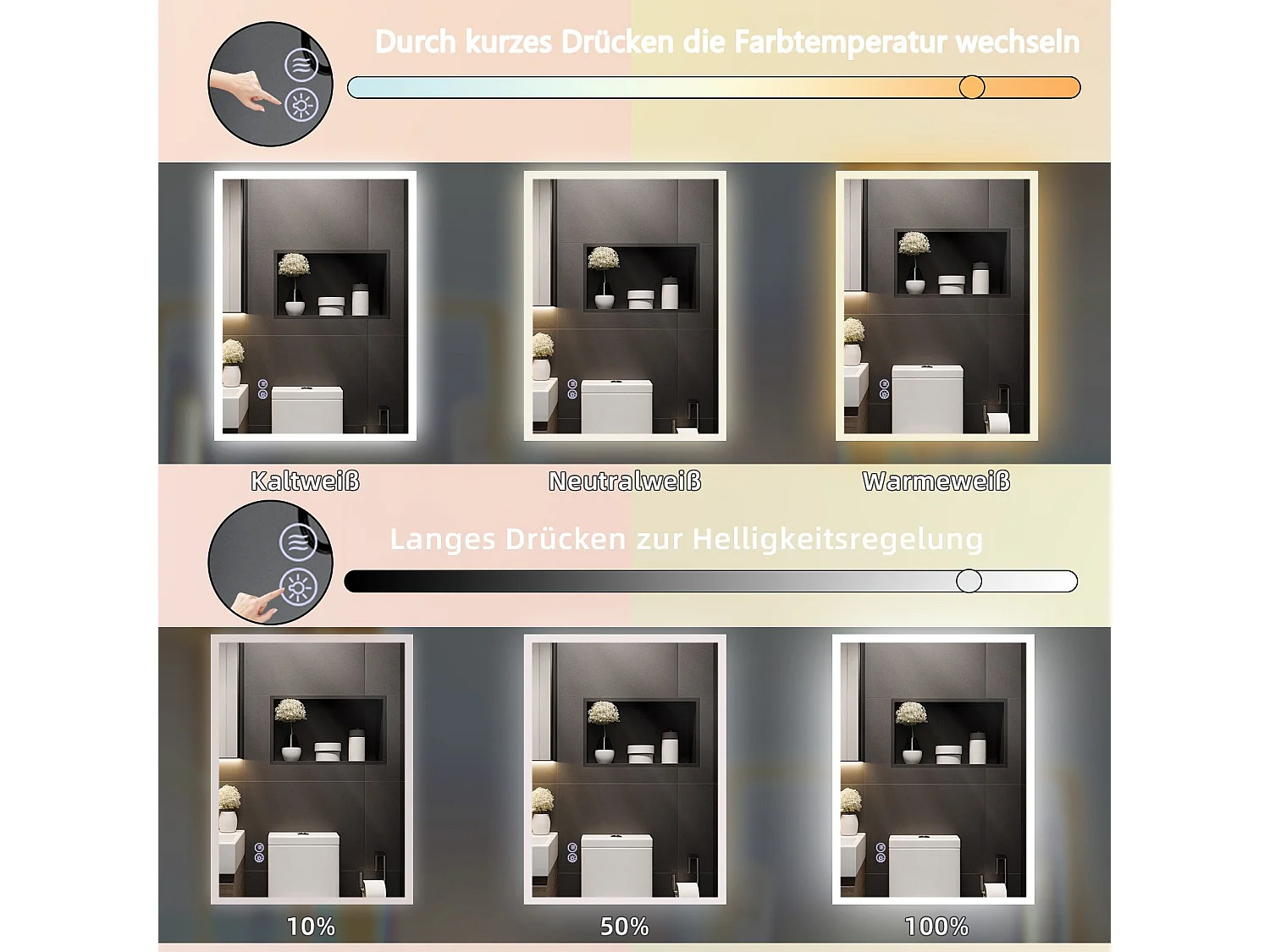 NETTLIFE Lusterko z oświetleniem 50x70cm Lusterko LED na ścianę Szkło opornieniające od lusterka Lusterko do sani z lusterkiem dotykowym