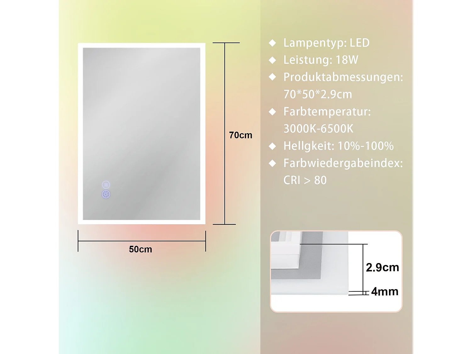 NETTLIFE Lusterko z oświetleniem 50x70cm Lusterko LED na ścianę Szkło opornieniające od lusterka Lusterko do sani z lusterkiem dotykowym