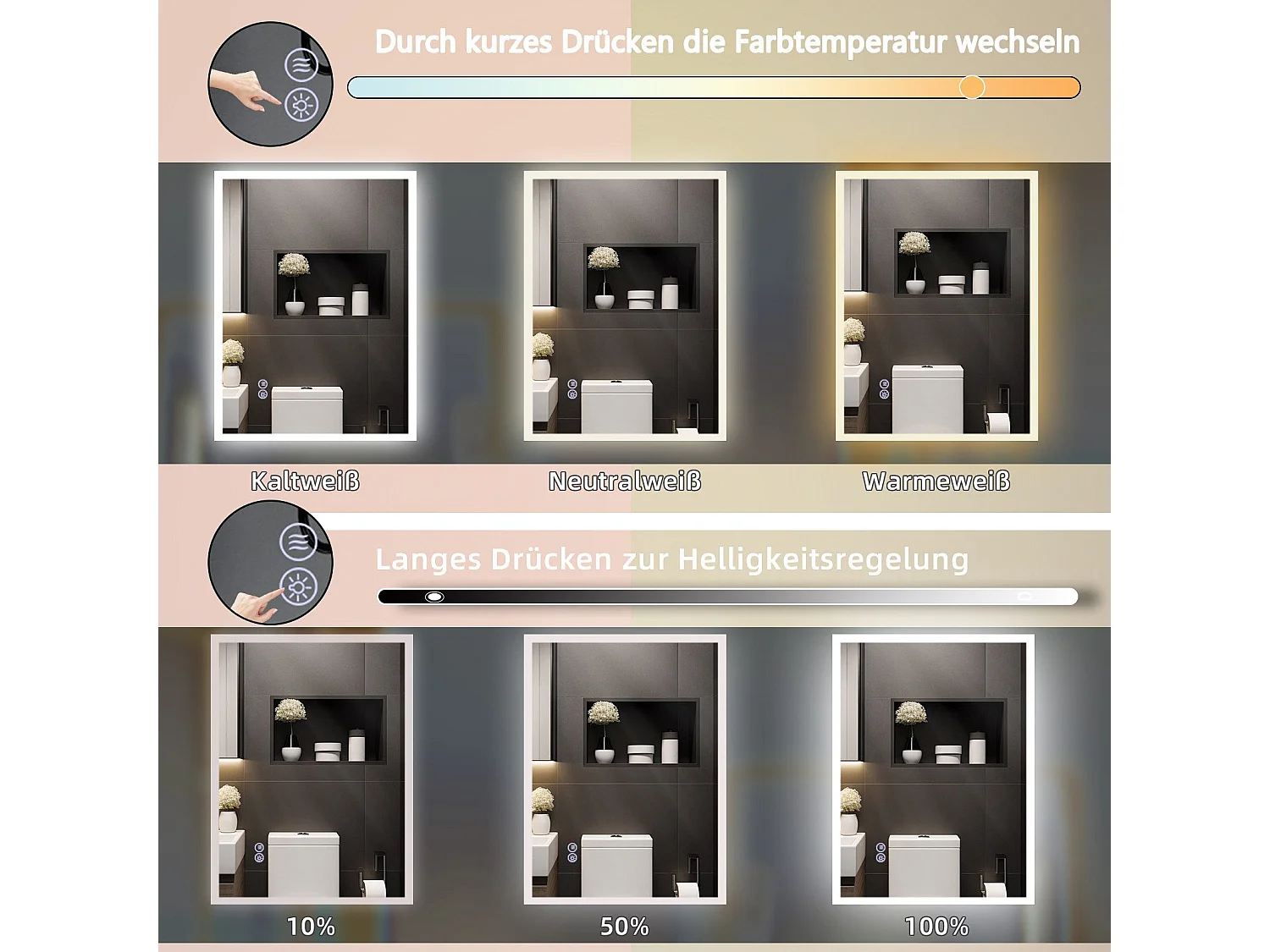 NETTLIFE Miroir avec lumière 100x60cm Miroir mural LED Verre antidéflagrant Miroir de salle de bain avec miroir tactile