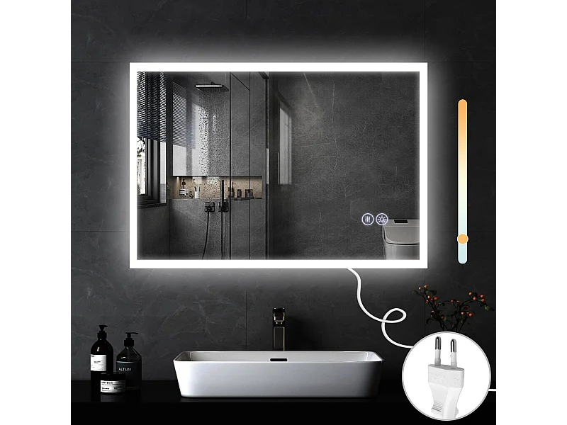 NETTLIFE Miroir avec lumière 100x60cm Miroir mural LED Verre antidéflagrant Miroir de salle de bain avec miroir tactile
