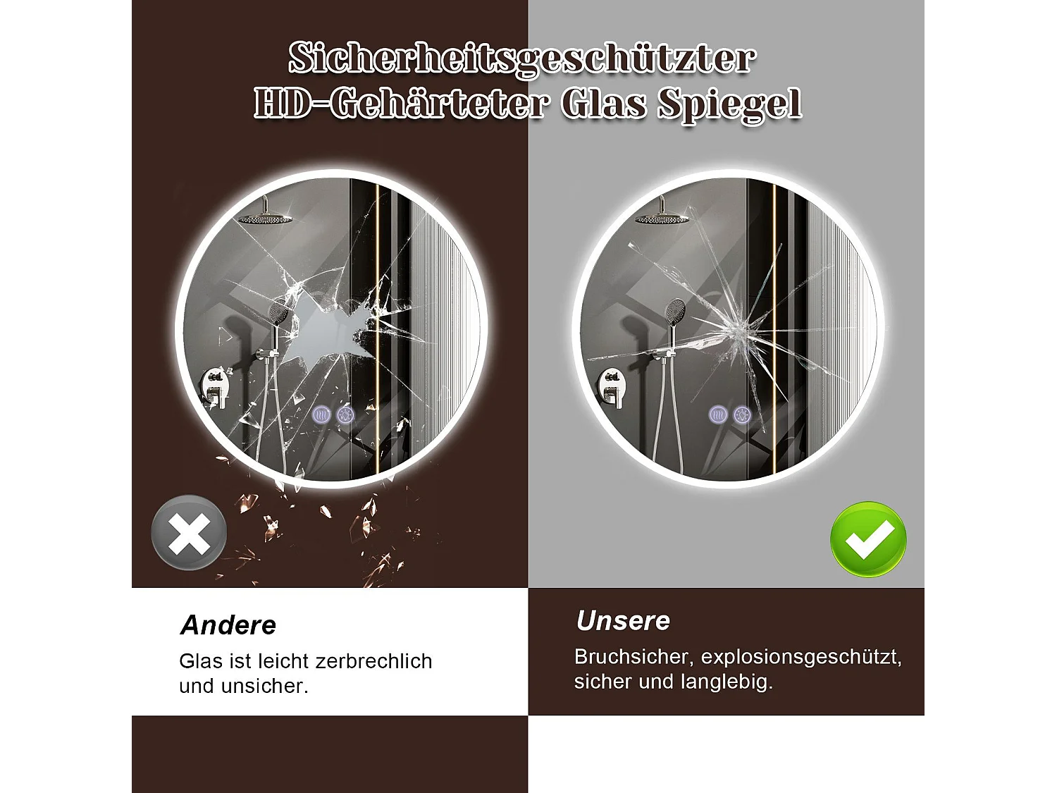 NETTLIFE Lusterko z oświetleniem kołowym Lusterko LED na ścianę IP44 50 cm z funkcją lusterka dotykowego z oświetleniem kołowym z regulacją jasności