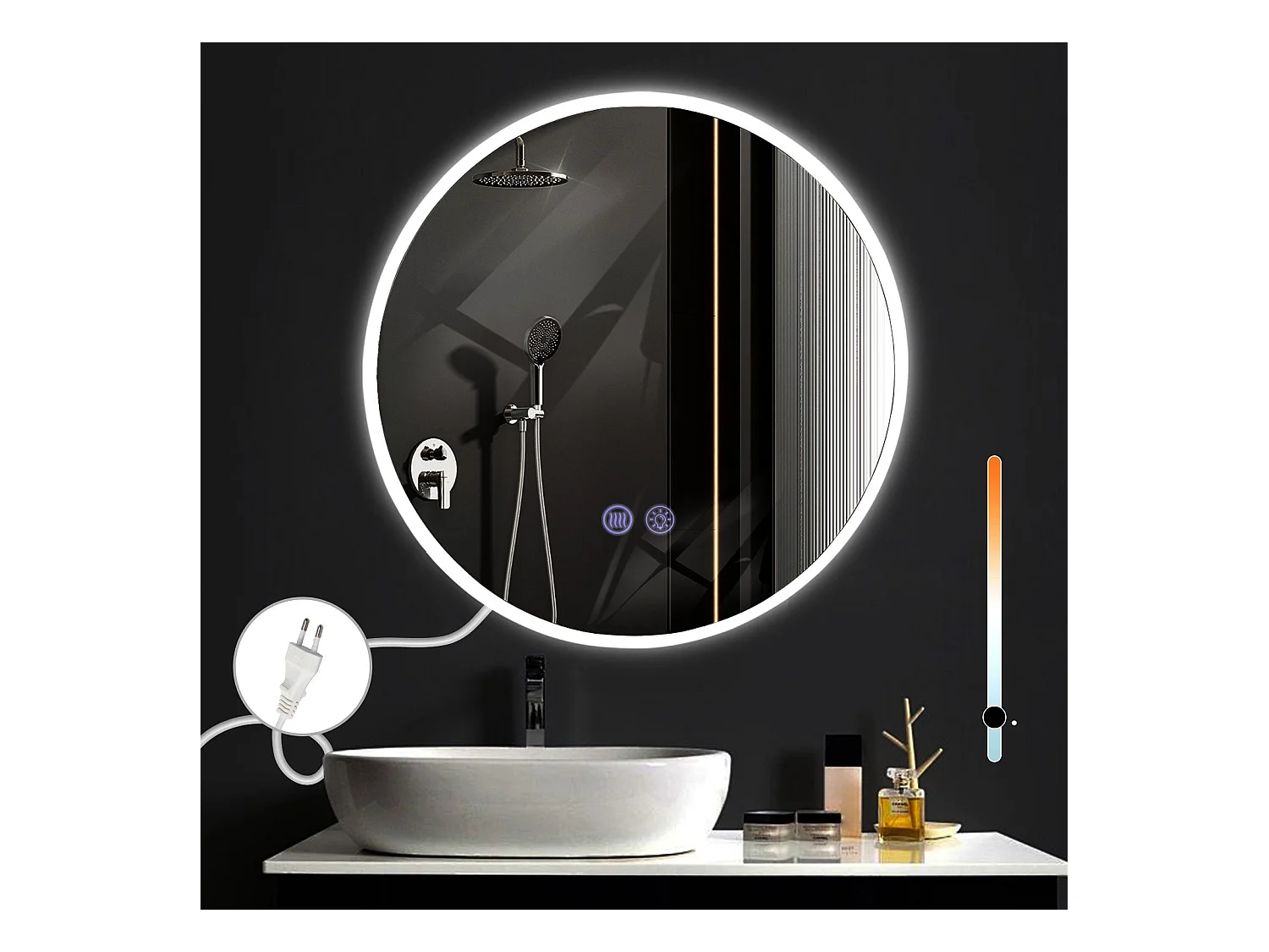 NETTLIFE Miroir avec éclairage rond Miroir mural LED IP44 50 cm avec fonction miroir tactile éclairé rond avec lumière dimmable