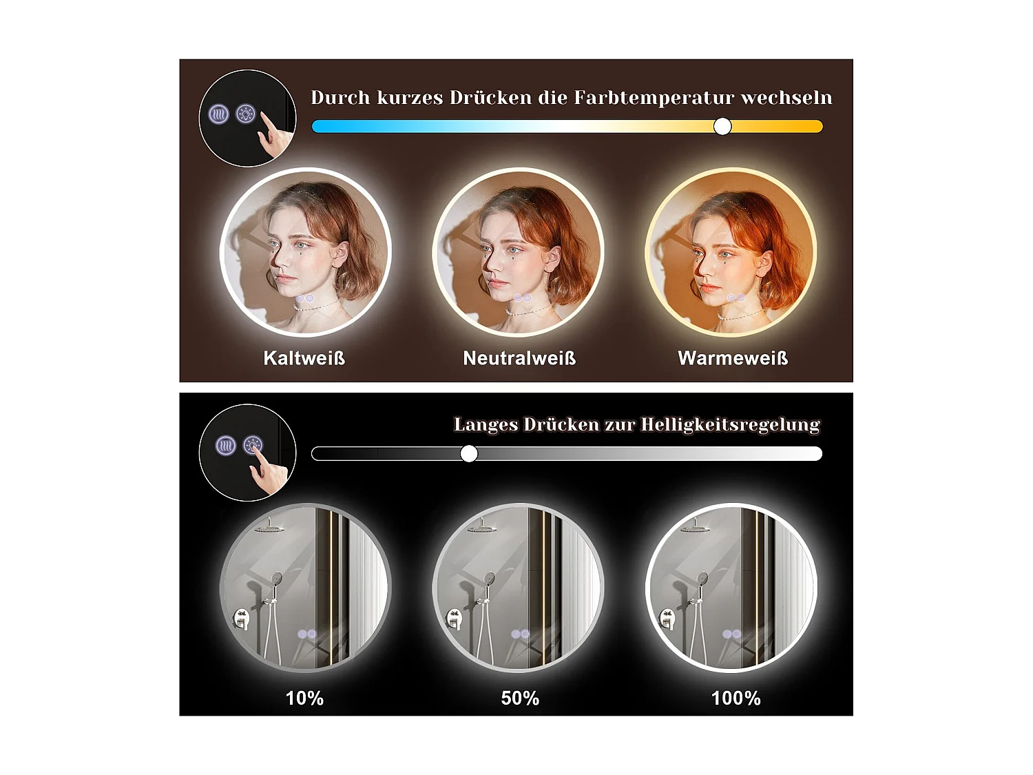 NETTLIFE Miroir avec éclairage rond Miroir mural LED IP44 50 cm avec fonction miroir tactile éclairé rond avec lumière dimmable