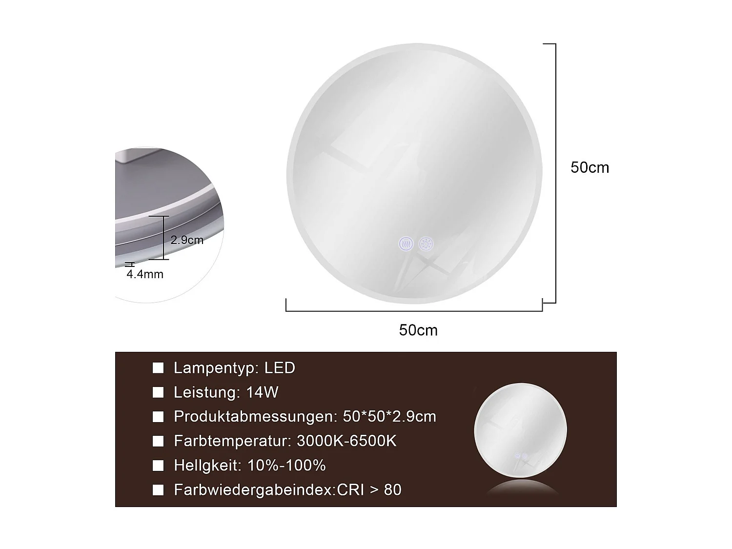 NETTLIFE Miroir avec éclairage rond Miroir mural LED IP44 50 cm avec fonction miroir tactile éclairé rond avec lumière dimmable