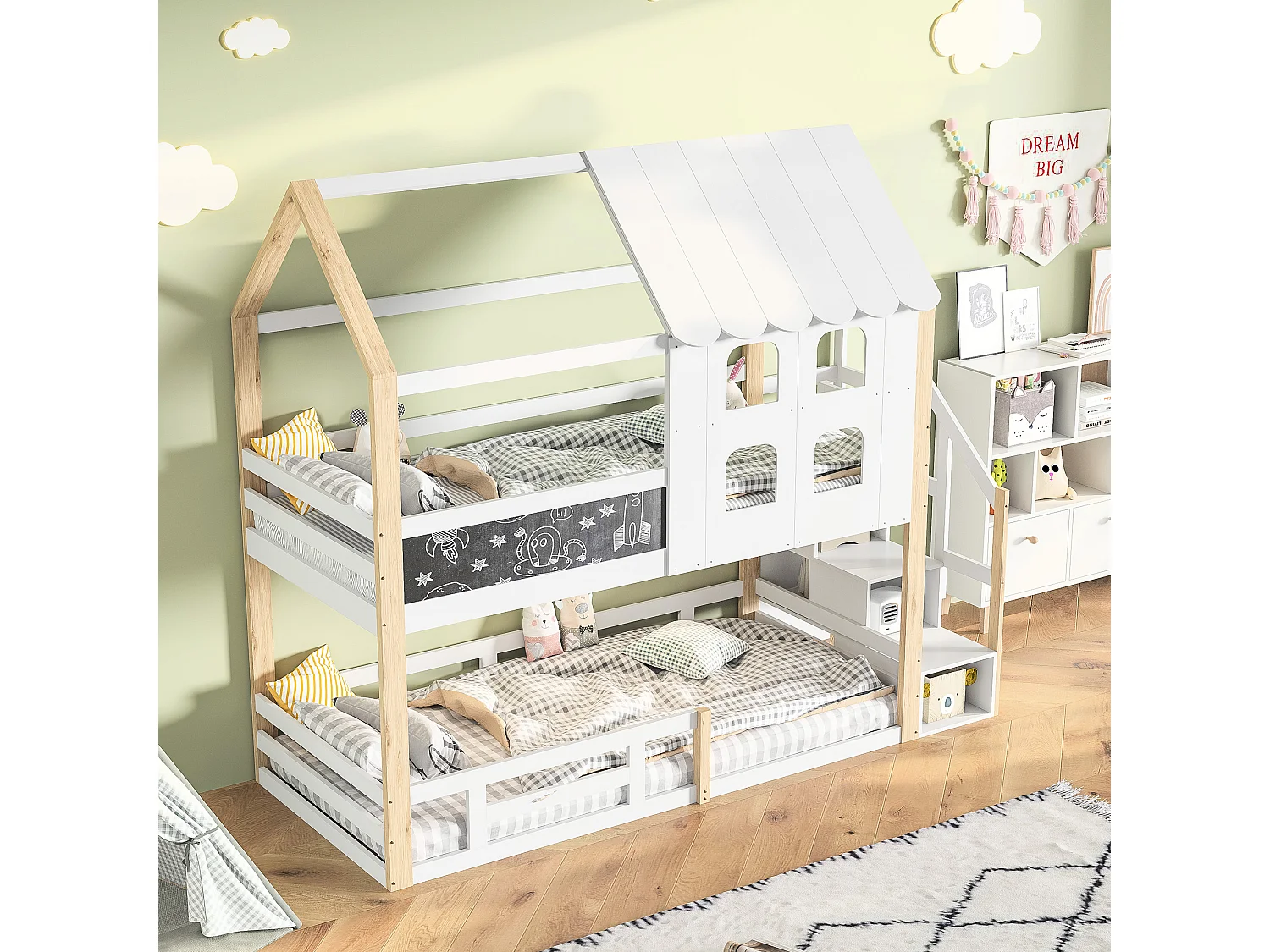 Lit superposé 90x200 cm, style maison de fée, Sommier à lattes robuste avec rails antichute, pin