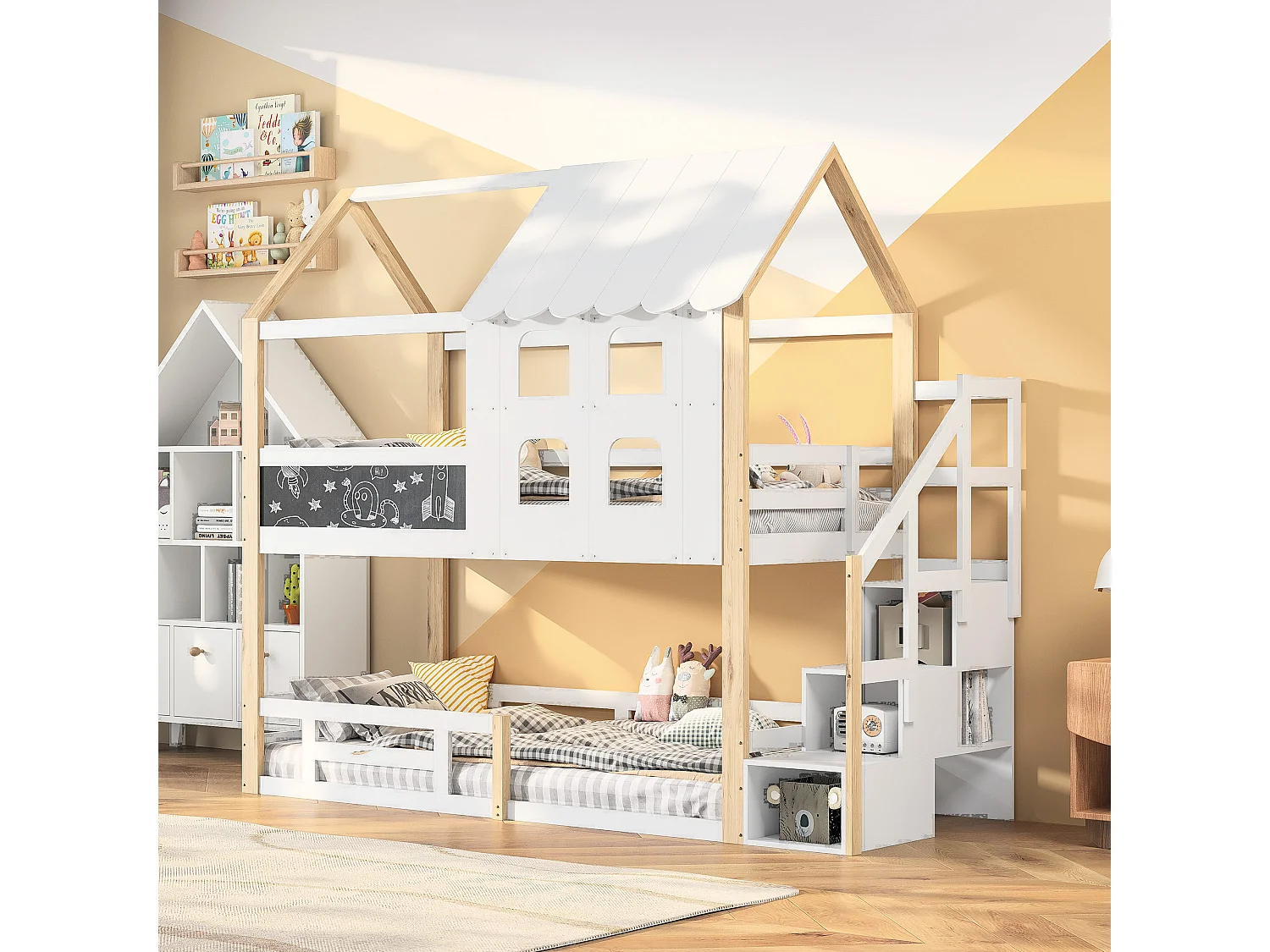 Lit superposé 90x200 cm, style maison de fée, Sommier à lattes robuste avec rails antichute, pin