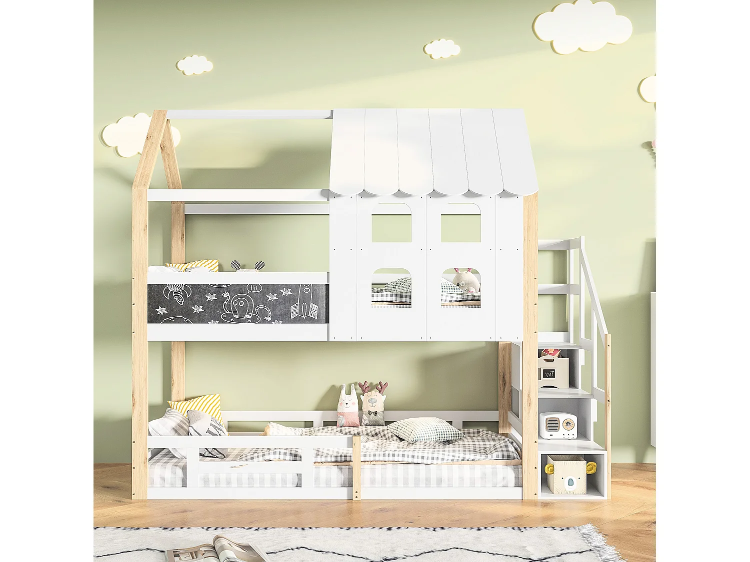 Lit superposé 90x200 cm, style maison de fée, Sommier à lattes robuste avec rails antichute, pin