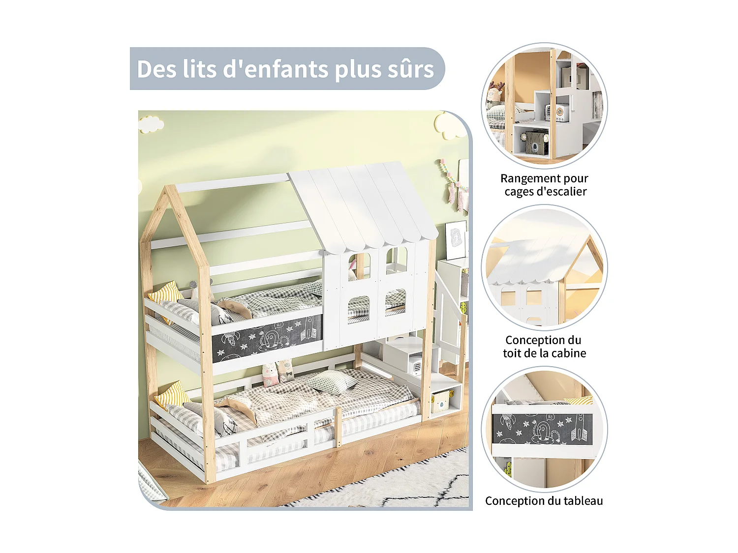 Lit superposé 90x200 cm, style maison de fée, Sommier à lattes robuste avec rails antichute, pin
