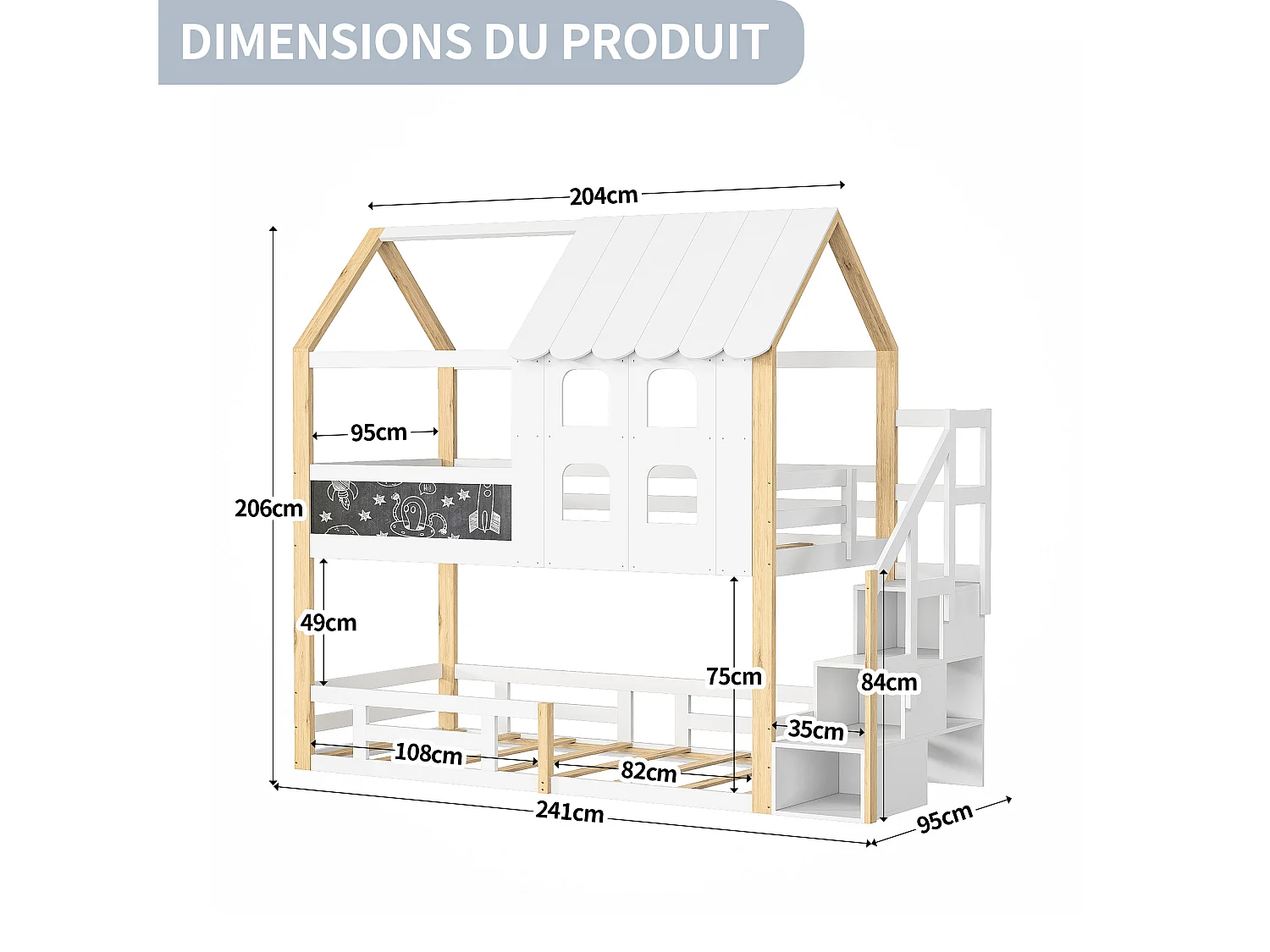 Lit superposé 90x200 cm, style maison de fée, Sommier à lattes robuste avec rails antichute, pin