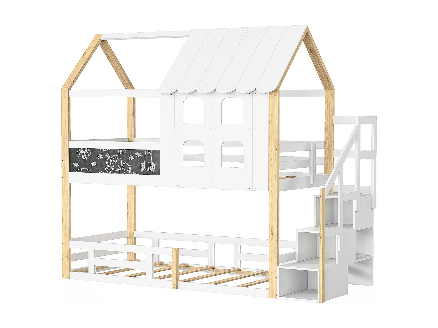 Lit superposé 90x200 cm, style maison de fée, Sommier à lattes robuste avec rails antichute, pin