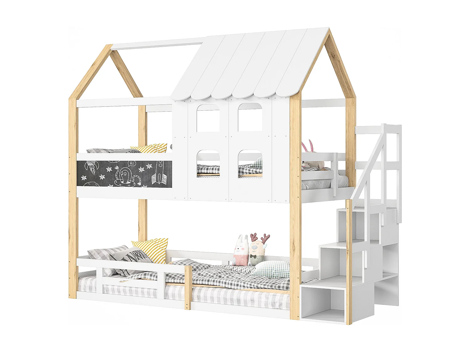 Lit superposé 90x200 cm, style maison de fée, Sommier à lattes robuste avec rails antichute, pin