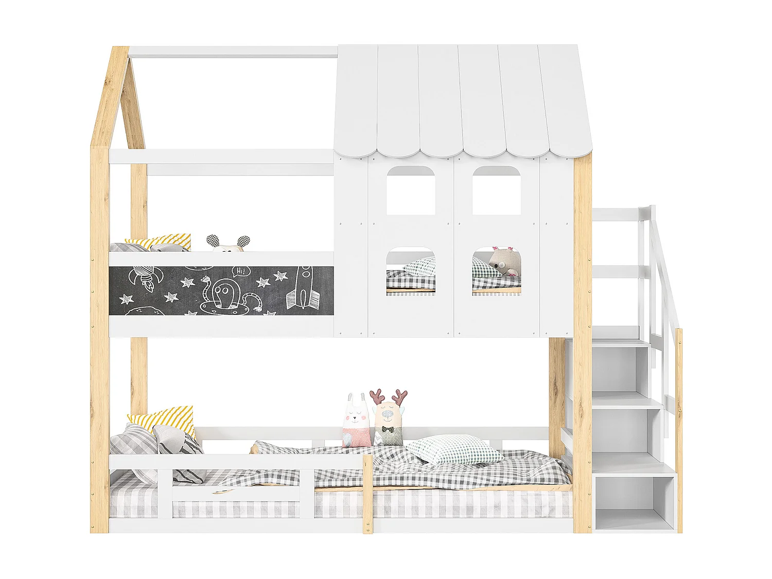 Lit superposé 90x200 cm, style maison de fée, Sommier à lattes robuste avec rails antichute, pin