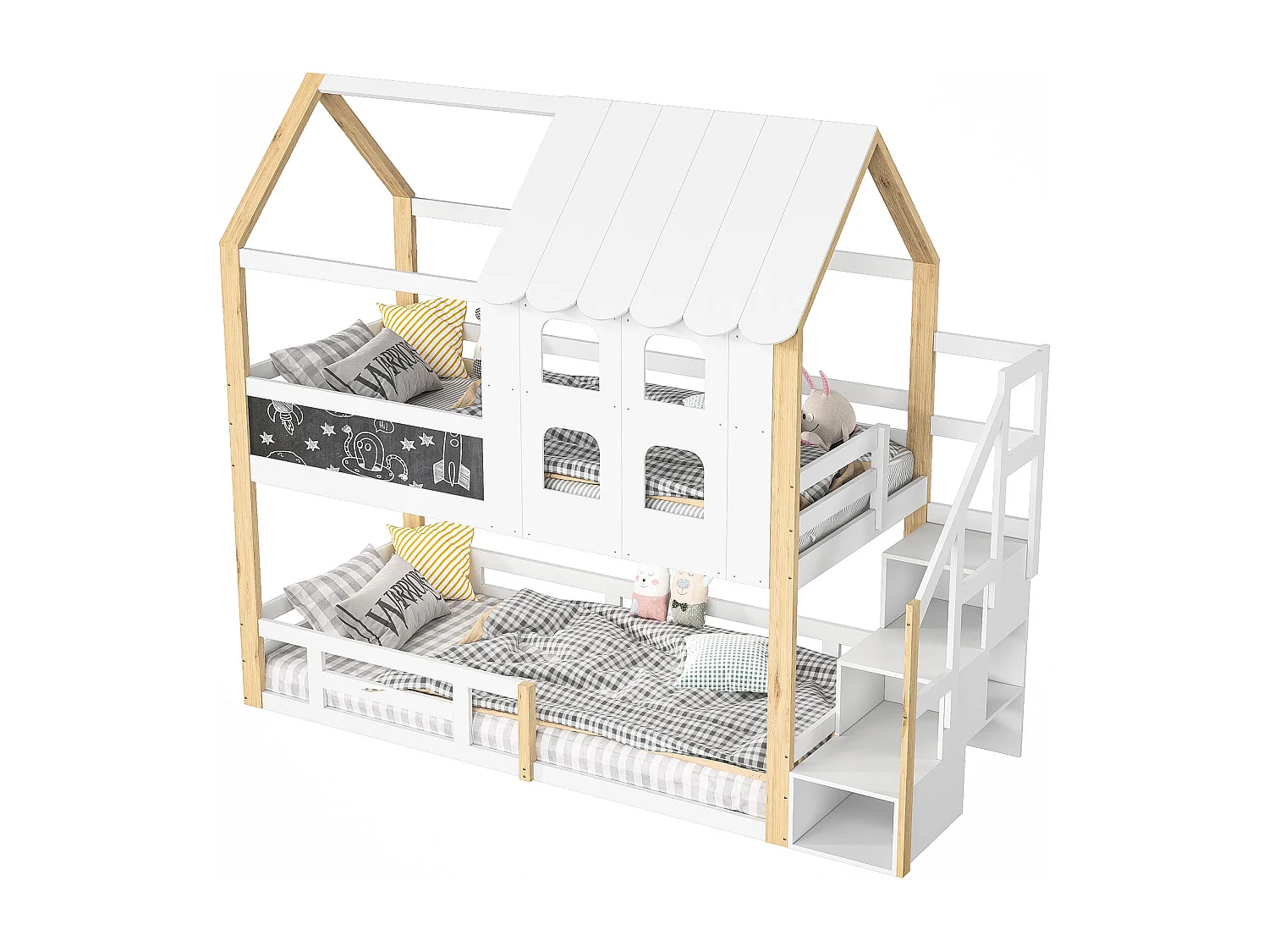 Lit superposé 90x200 cm, style maison de fée, Sommier à lattes robuste avec rails antichute, pin