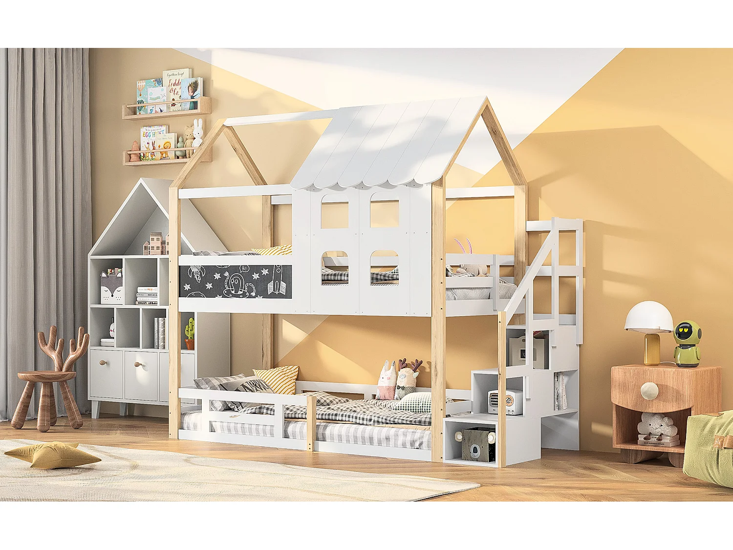 Lit superposé 90x200 cm, style maison de fée, Sommier à lattes robuste avec rails antichute, pin