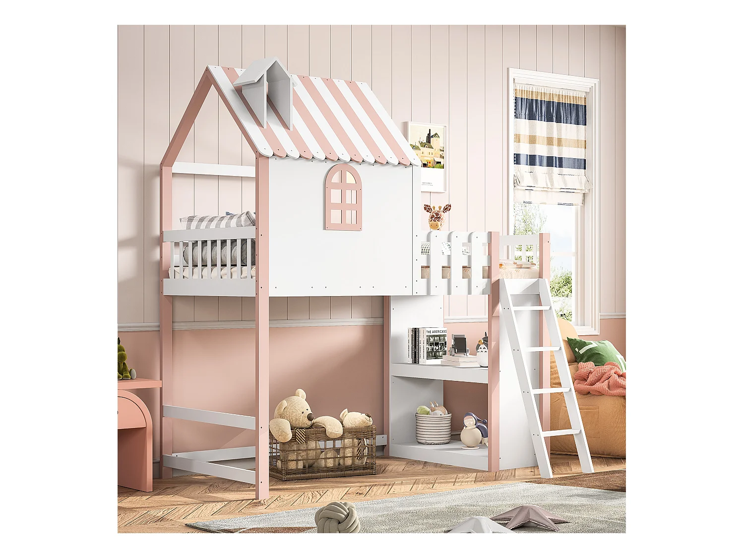 lit enfant 90x200cm,lit mezzanine, lit mezzanine simple,lit princesse, lit en bois massif avec sommier à lattes, rose