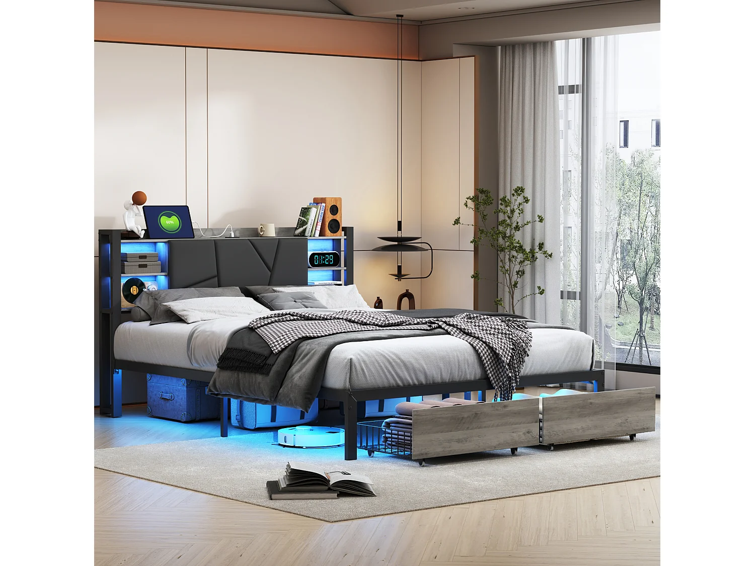 Lit 140*200 cm en fer et bois, double tiroirs, table de chevet avec barre lumineuse + prise de recharge européenne