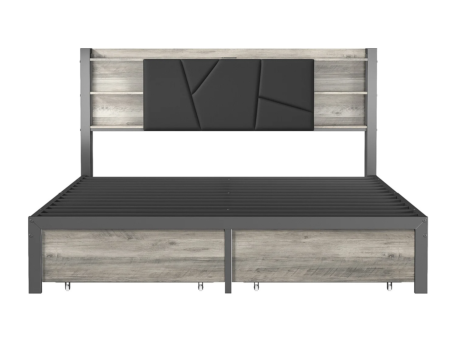 Lit 140*200 cm en fer et bois, double tiroirs, table de chevet avec barre lumineuse + prise de recharge européenne