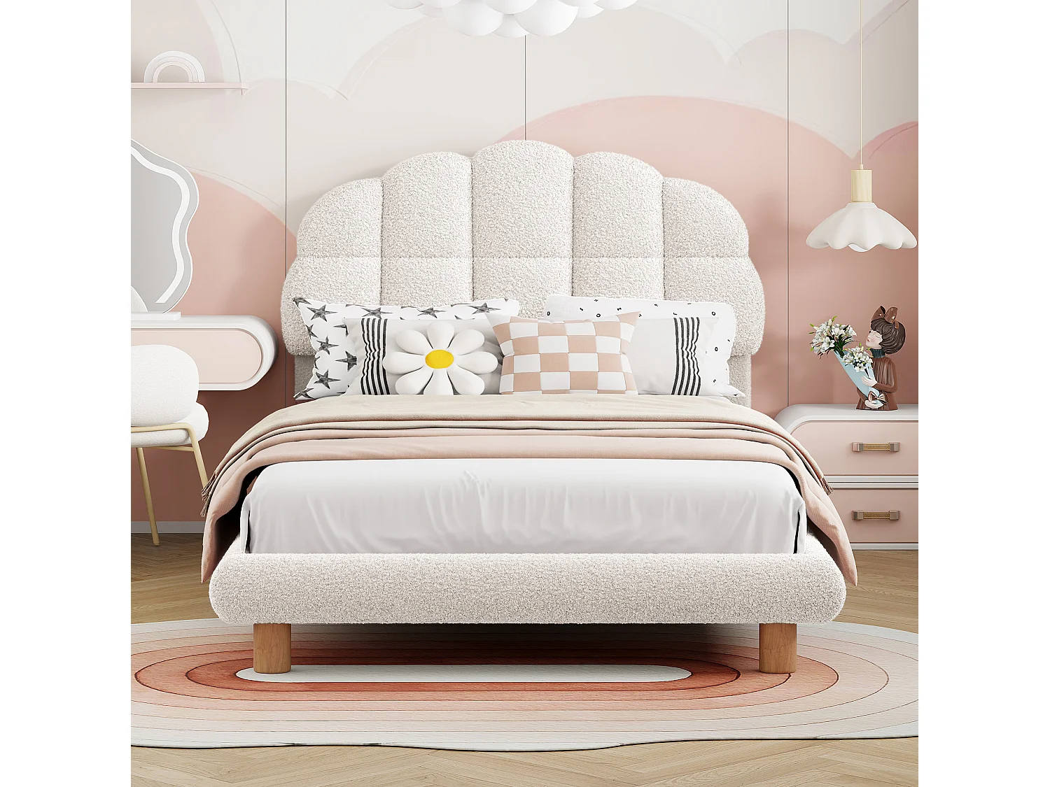 Letto singolo 90x200 cm, letto per bambini, letto imbottito, rete a doghe in legno, velluto di lana, bianco