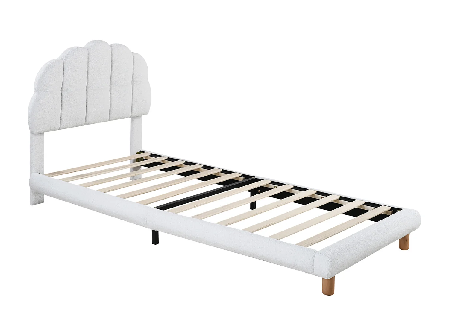 Letto singolo 90x200 cm, letto per bambini, letto imbottito, rete a doghe in legno, velluto di lana, bianco