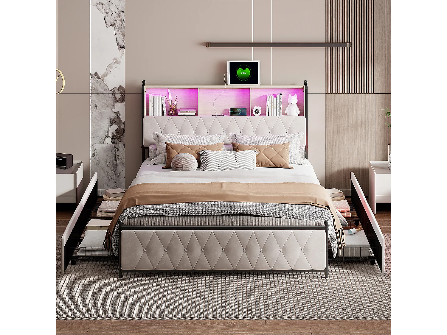 Cama de casal estofada 180x200cm, com 2 USB, cama LED com 4 gavetas de armazenamento, veludo, bege