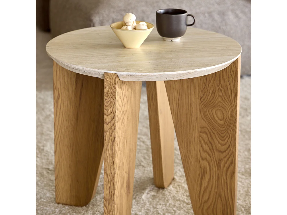 Vivo - Table d'appoint ronde en effet travertin ø50cm - Beige