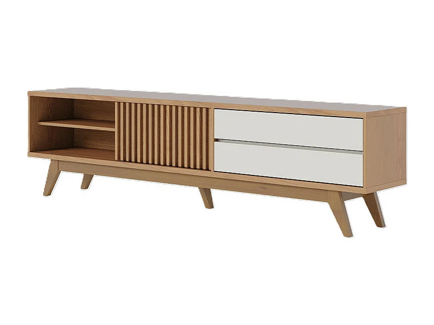 Meuble TV 75 Pouces Chêne et Blanc 1 Porte 2 Tiroirs 3 Niches L 200 H 55.2 P 37.7 cm