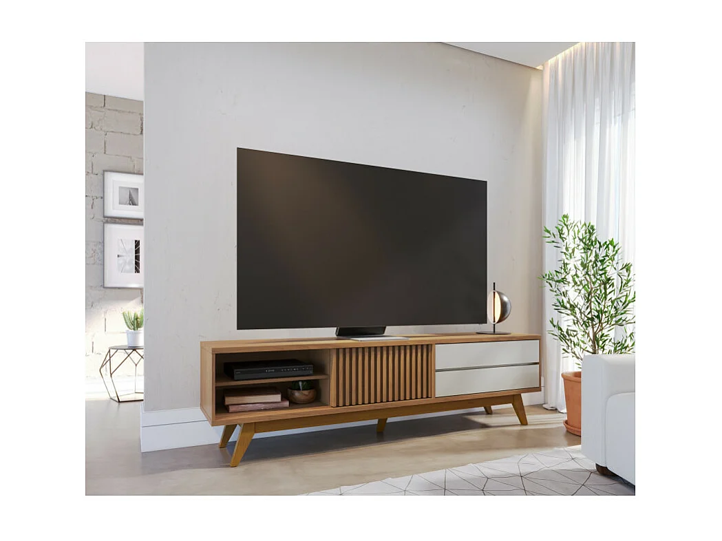 Meuble TV 75 Pouces Chêne et Blanc 1 Porte 2 Tiroirs 3 Niches L 200 H 55.2 P 37.7 cm