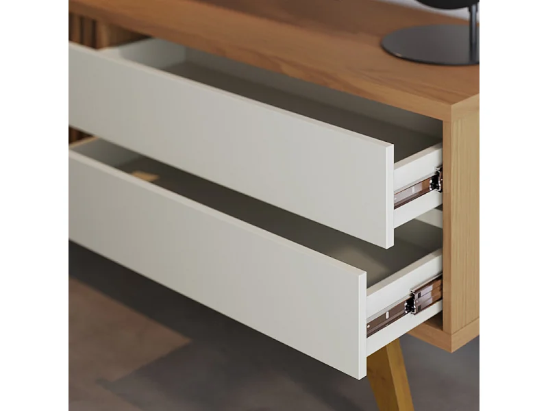 Meuble TV 75 Pouces Chêne et Blanc 1 Porte 2 Tiroirs 3 Niches L 200 H 55.2 P 37.7 cm