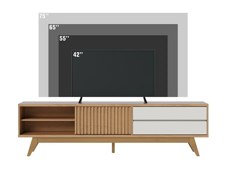 Meuble TV 75 Pouces Chêne et Blanc 1 Porte 2 Tiroirs 3 Niches L 200 H 55.2 P 37.7 cm