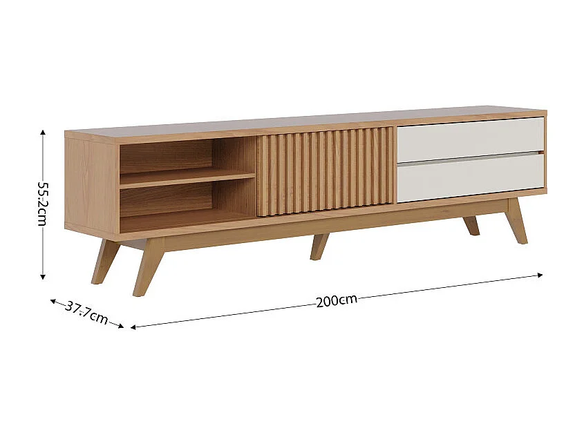 Meuble TV 75 Pouces Chêne et Blanc 1 Porte 2 Tiroirs 3 Niches L 200 H 55.2 P 37.7 cm