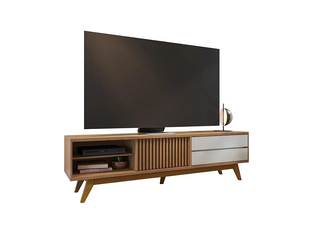 Meuble TV 75 Pouces Chêne et Blanc 1 Porte 2 Tiroirs 3 Niches L 200 H 55.2 P 37.7 cm
